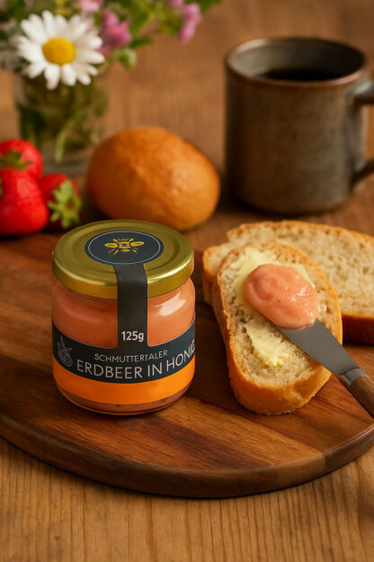 Produktbild: Ein Glas Erdbeere in Honig auf einem Frühstückstisch