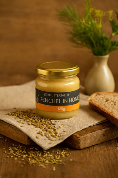 Ein Stillleben mit einem Glas Fenchel in Honig, Fenchelsamen und einem Strauss Gartenblumen.