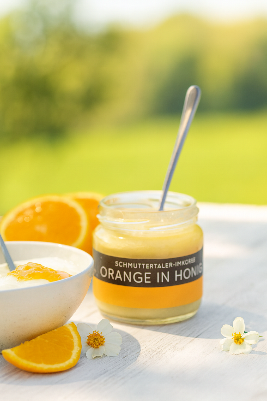 Orange in Honig, geöffnetes Glas mit Löffel, daneben Joghurt mit Honig